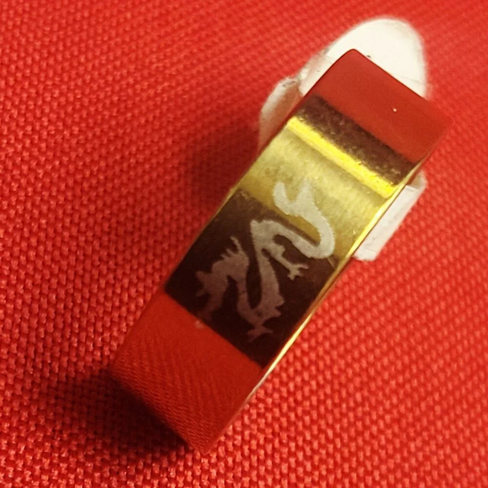 Stainless Steel Wide Band White Dragon Engraved Ring Size 21 Gold Tone Unisex
